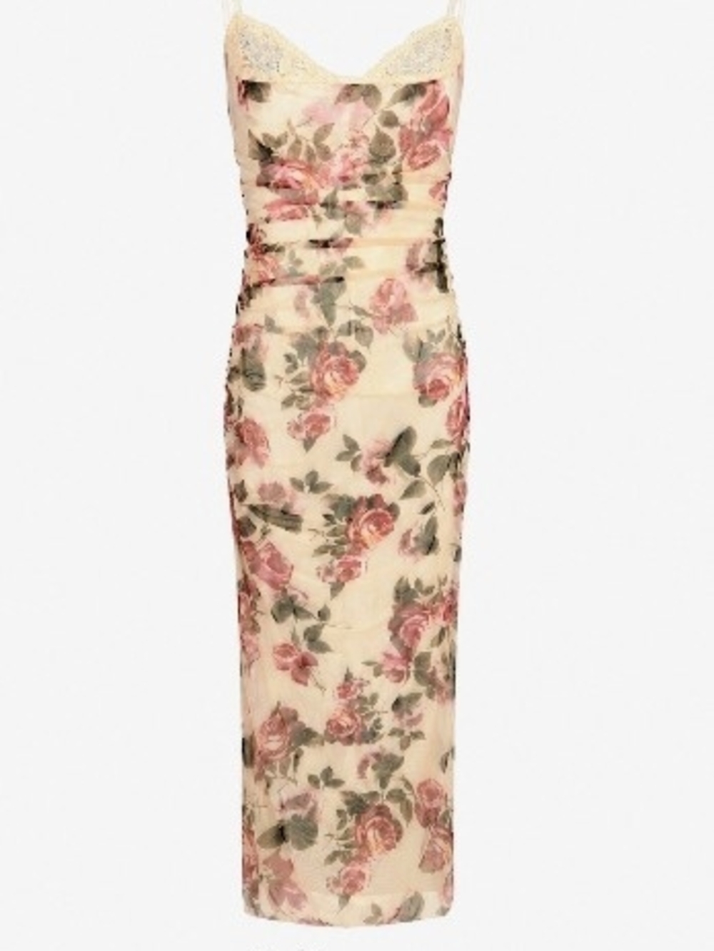 Alia Cream Midi Dress with Pink Rose Print and Lace Trim